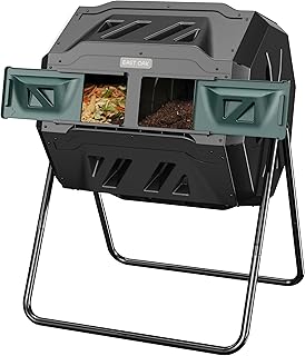 East Oak Compost Tumbler Outdoor, 43-Gal Dual Chamber Compost Bin with 2 Sliding Door and Aeration System, Tumbling Rotating Composter Bin for Kitchen, Garden, Yard