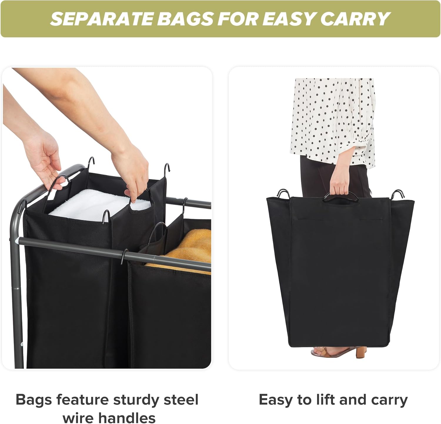 Laundry Sorter Hamper with Wheels, Heavy-Duty Laundry Sorter Rolling Cart, Lockable Wheels and Removable Bags, 4 Sections, Black