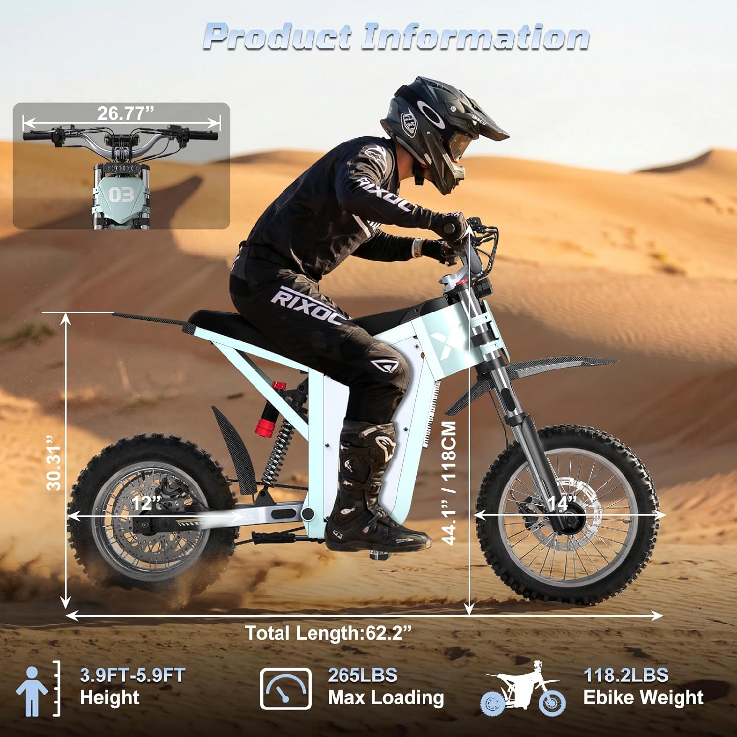 RIXOC GT16 Electric Dirt Bike for Teens & Adults, 3000W 39MPH Electric Motorcycle with 52V25AH Battery Ebike, 4-Piston Hydraulic Brakes & Full Suspension 14"/12" Mountain Off-Road E-Dirt Bike