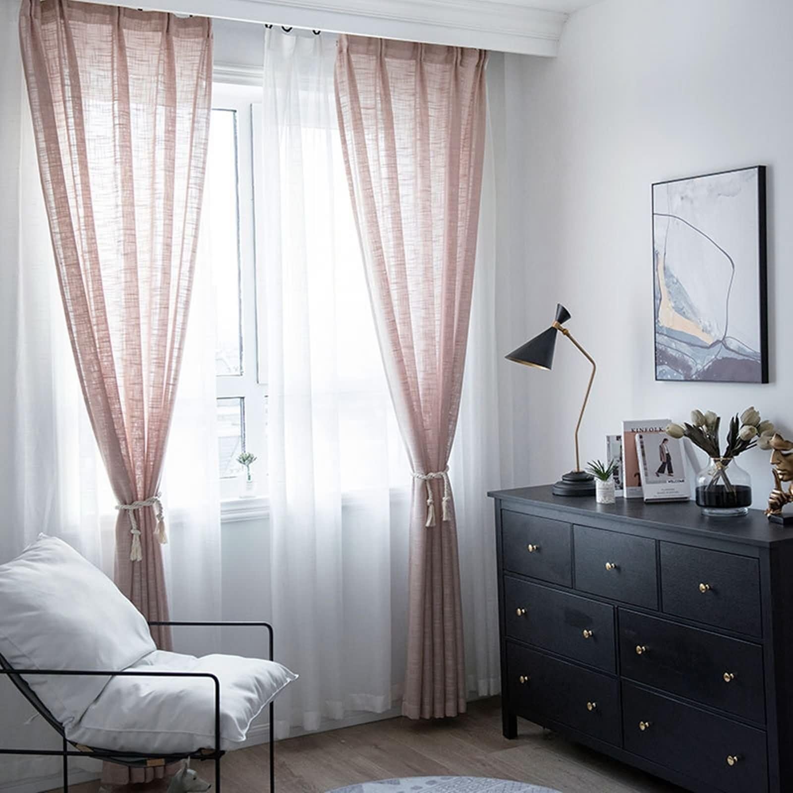 Rideaux Transparent Salon 86 x 138, Rideau Voilage Chambre Lot de 2 Effet Lin Rose Poudré Uni, Plissé Pincé, Polyester
