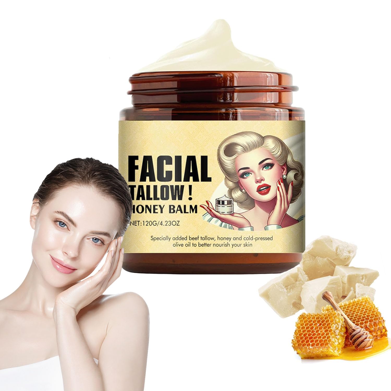 JANGOU Whipped Beef Tallow and Honey Balm, Grass Fed Grass Finished Face Cream, Beef Tallow Moisturiser, Beef Tallow SkinCare, Tallow Moisturiser for Face and Body, Tallow and Honey Balm (1PCS)