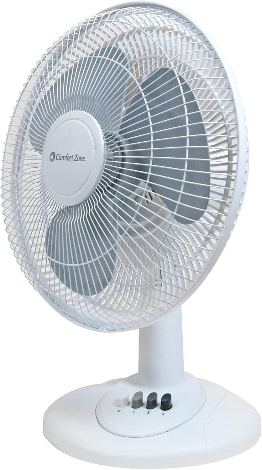 Comfort Zone 16 inch Table Fan with Adjustable Tilt, Wide Area Oscillation, Quiet Air Circulator Fan For Bedroom, 3 Speed Desktop Fan for Home Office, Push Button Controls, White