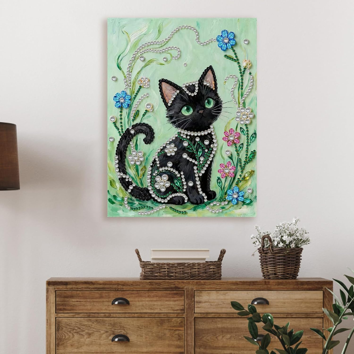 30x40cm DIY Black Cat Pearl Diamond Art Painting Kit with Frame Gem Dot Picture Craft for Adults Beginners Handmade Home Wall Decor Gift Set