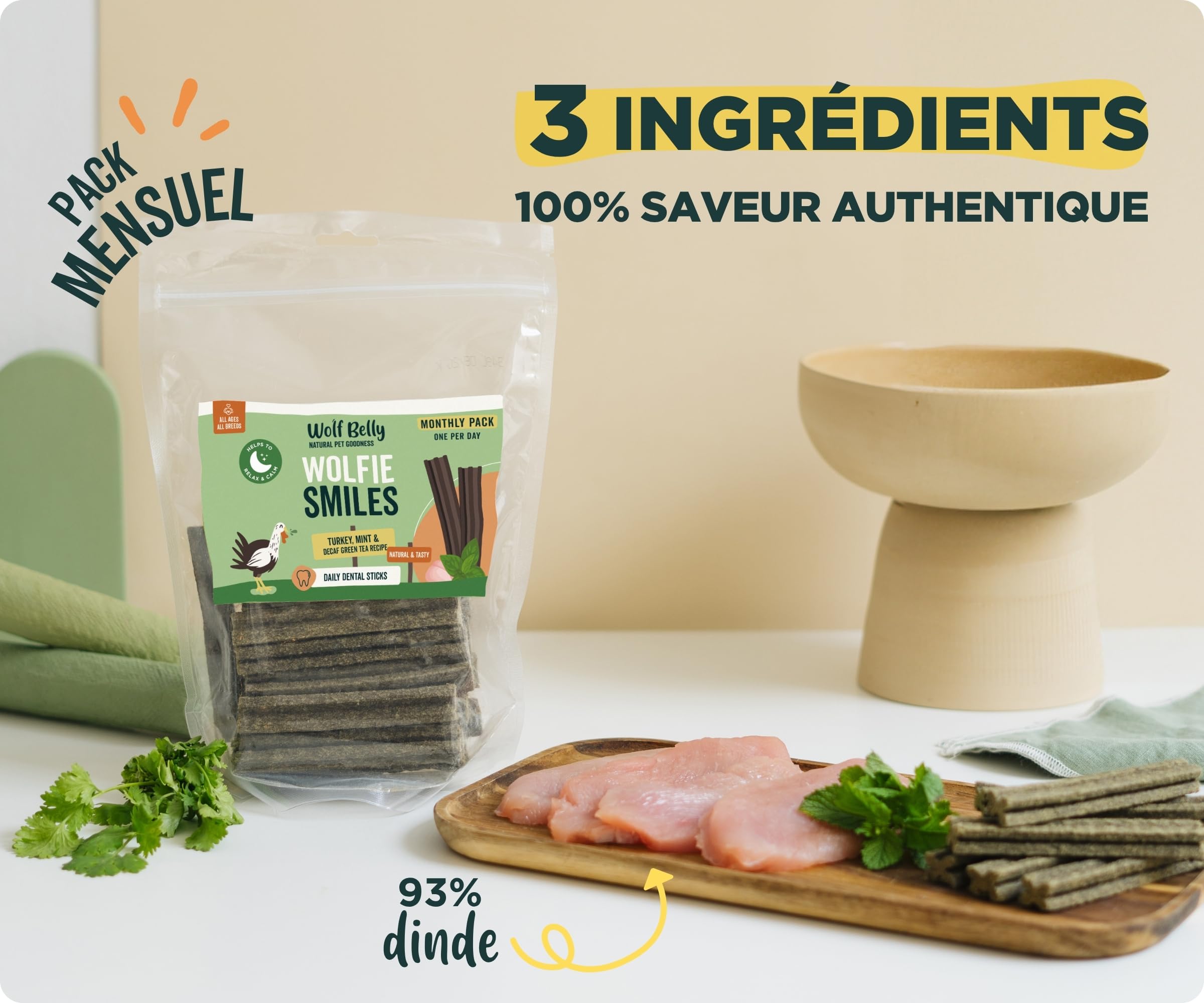 Wolf Belly - Pack d’Hygiène Dentaire Naturelle pour Chiens | Sticks Dentaires à la Dinde 93% (28 unités) + Bye Bye Plaque - Fabriqué en UE