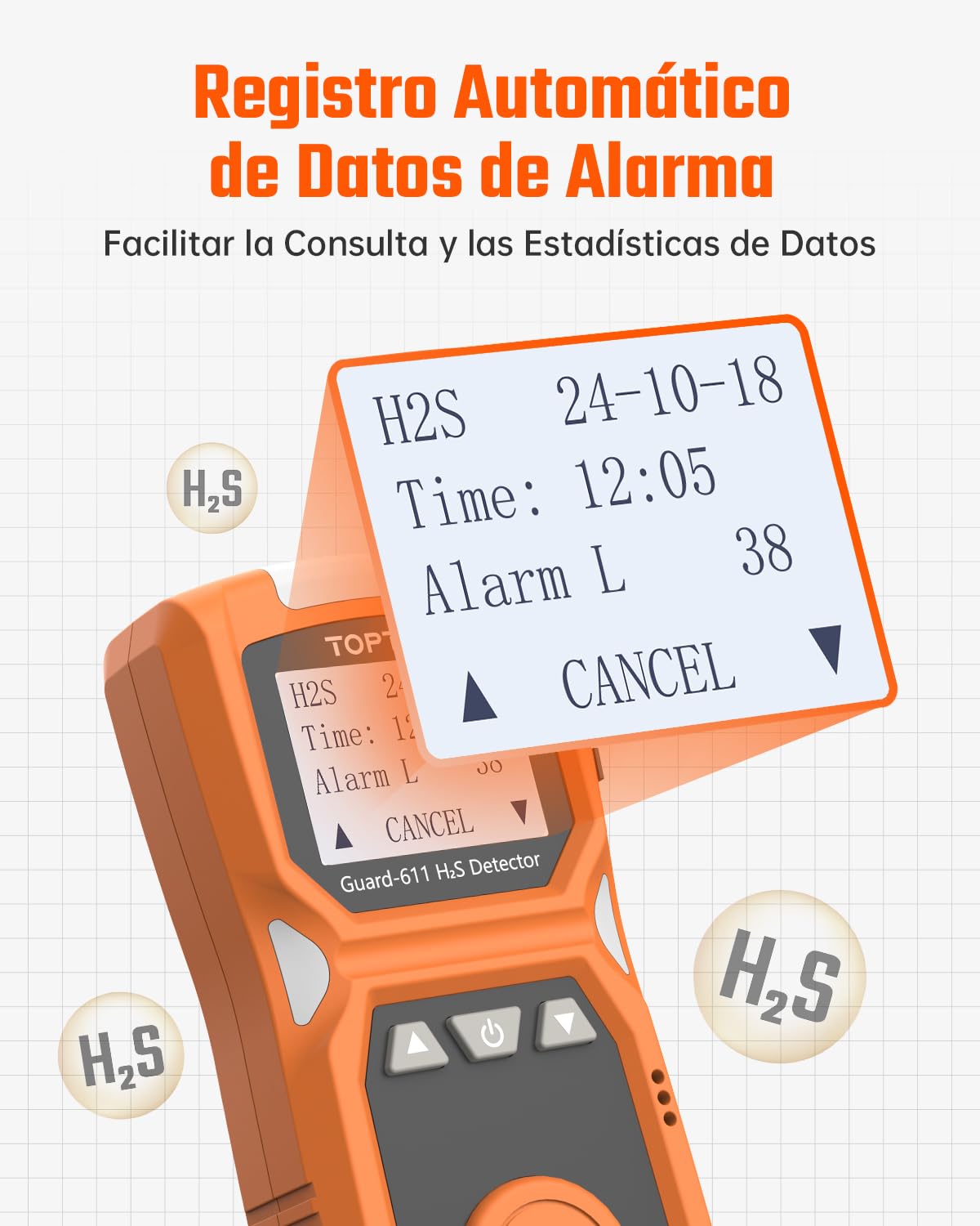 TOPTES Guard-611 Monitor de H2S, Detector de H2S con batería Recargable y autonomía de hasta 5 días, Alerta de batería Baja, diseño Seguro y a Prueba de explosiones, 0-100PPM-Naranja