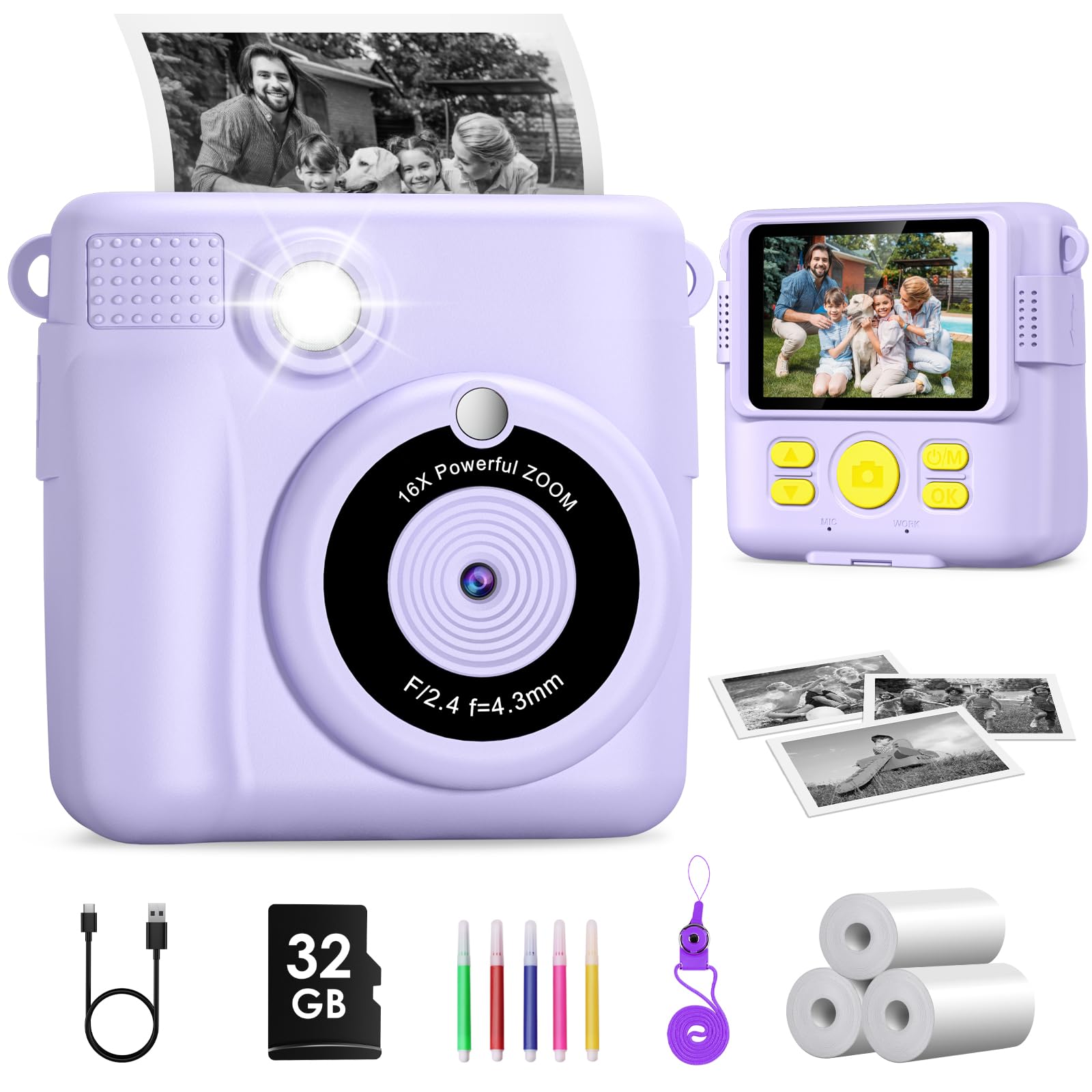 Macchina Fotografica Bambini Istantanea, GREENKINDER 2.4 Pollici/1080P Fotocamera Istantanea Bambini con 32GB Scheda e Carta da Stampa, Fotocamera Digitale Bambini per Ragazze Ragazzi da 3-12 Anni