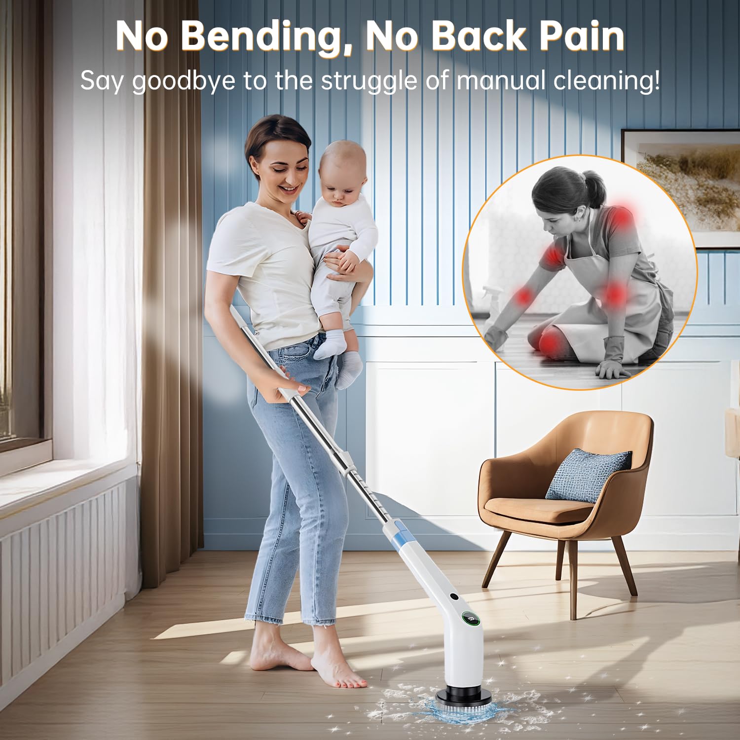 Estropajo eléctrico giratorio, limpiador de ducha inalámbrico con 8 cepillos de fregar, 2 velocidades con mango de extensión ajustable, pantalla de nivel de batería, limpiador eléctrico para baño,