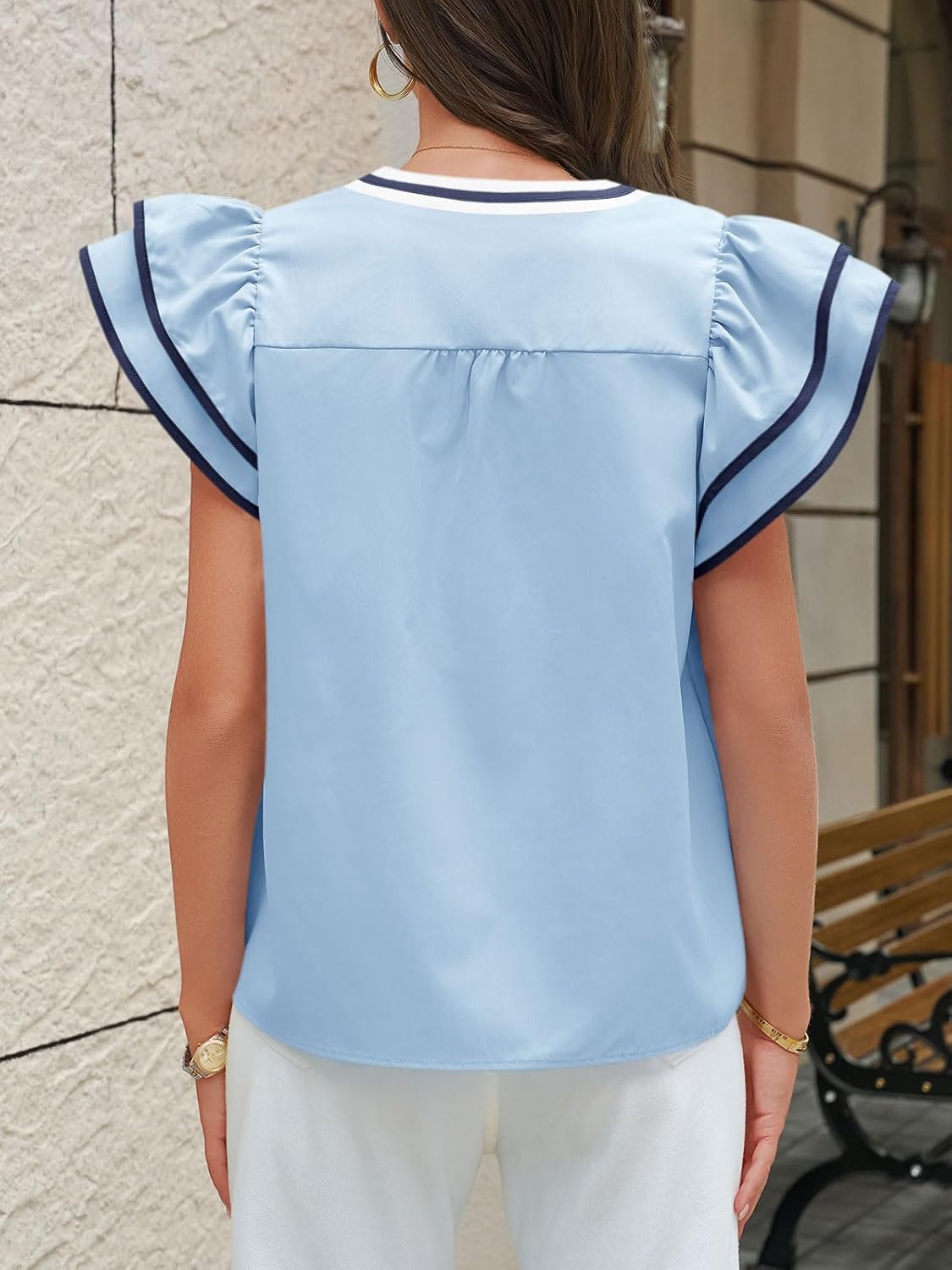 Cicy Bell Womens Ruffle Color Block Blouses Summer Casual V Neck Floral Print Tank Tops Pleated Loose Fit Shirts - Image 6