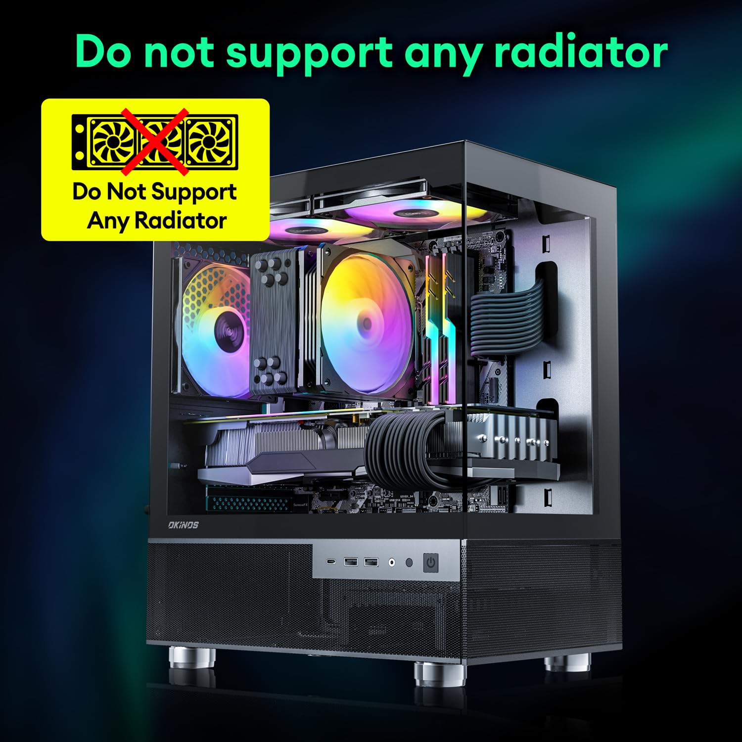 Okinos Aqua 3, obudowa Micro/ATX, wentylator ARGB 3 x 120 mm, panoramiczny widok ze szkła hartowanego, paneli przedniego i bocznego z portem C, czarne