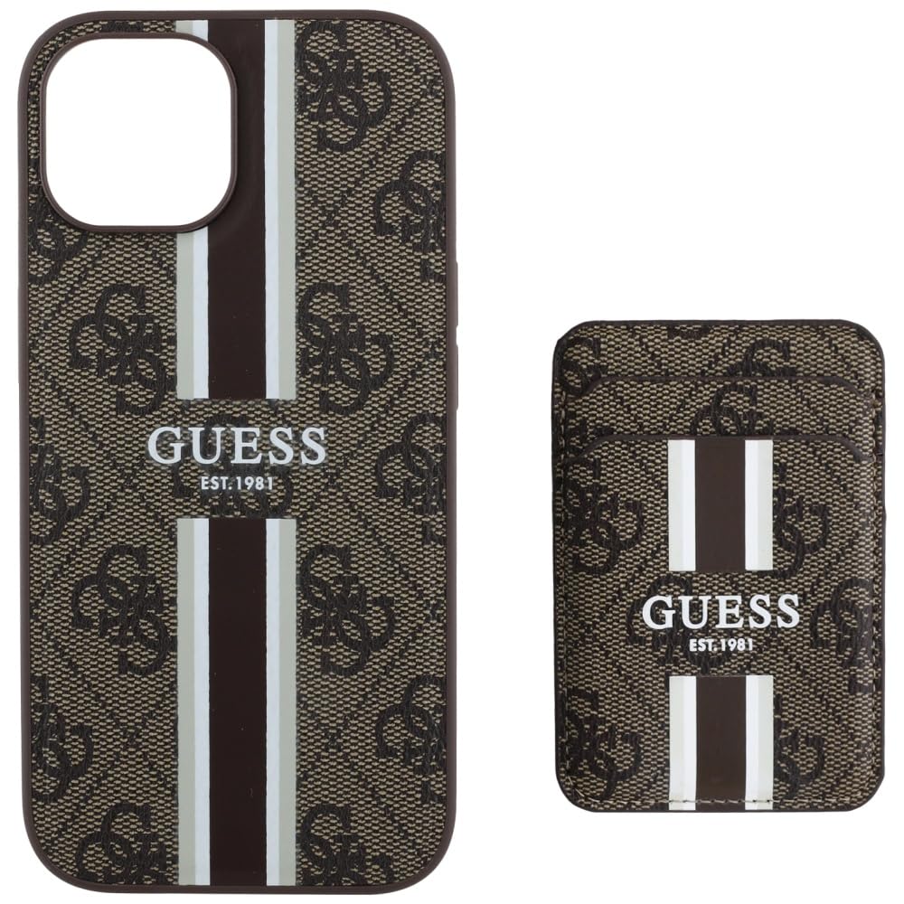 CG Mobile Guess 4G Stripes - Étui Portefeuille pour iPhone 15 - Compatible avec MagSafe (Marron)