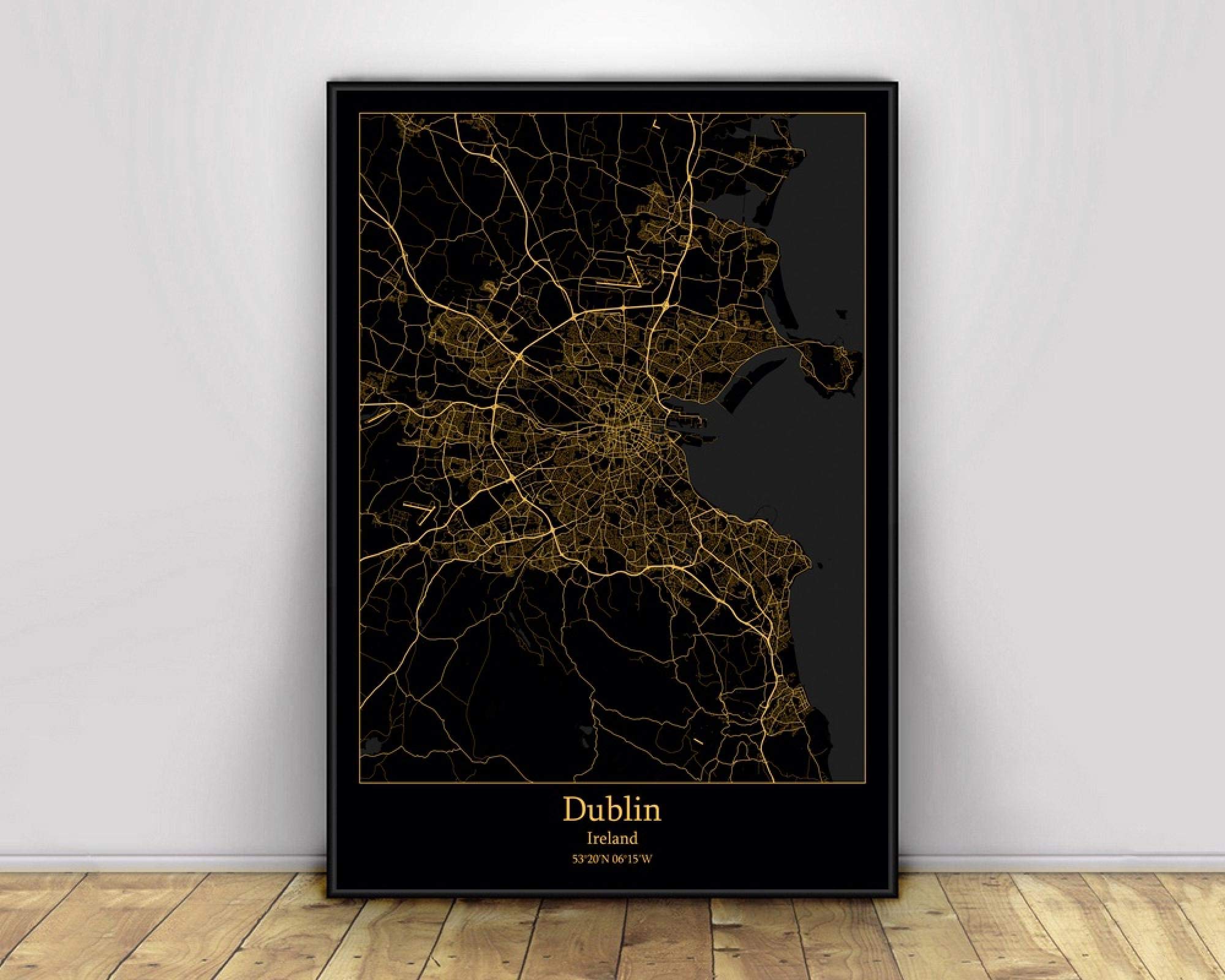 Carte de Dublin impression sur toile affiche ville noir et or art mural 30x45