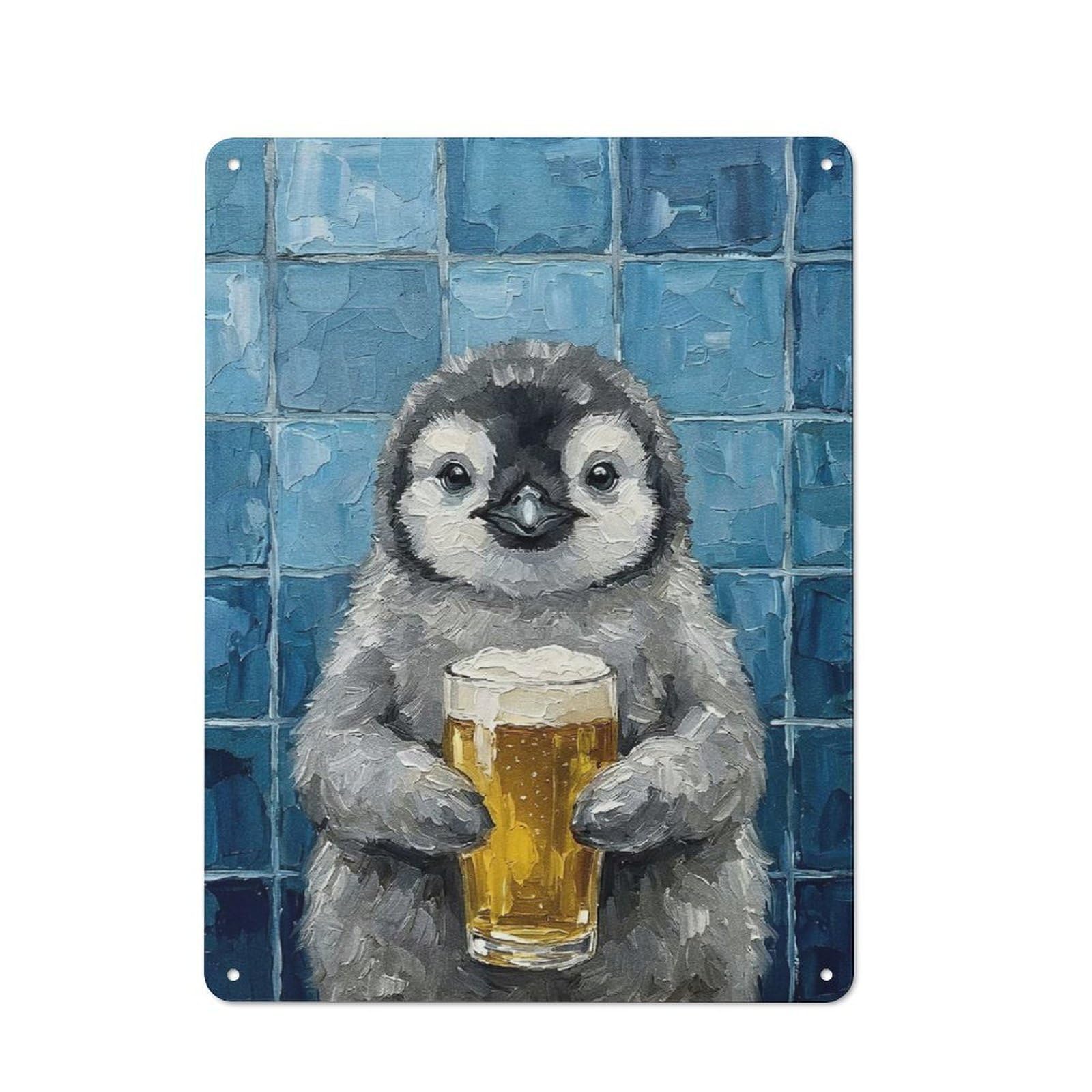 Junmoney Style-24 Metal Wall Sign 40X30cm Featuring Penguin With Beer Painting For Living Room Wall, For Metal Sign Collectors, For Garage And Workshop Walls