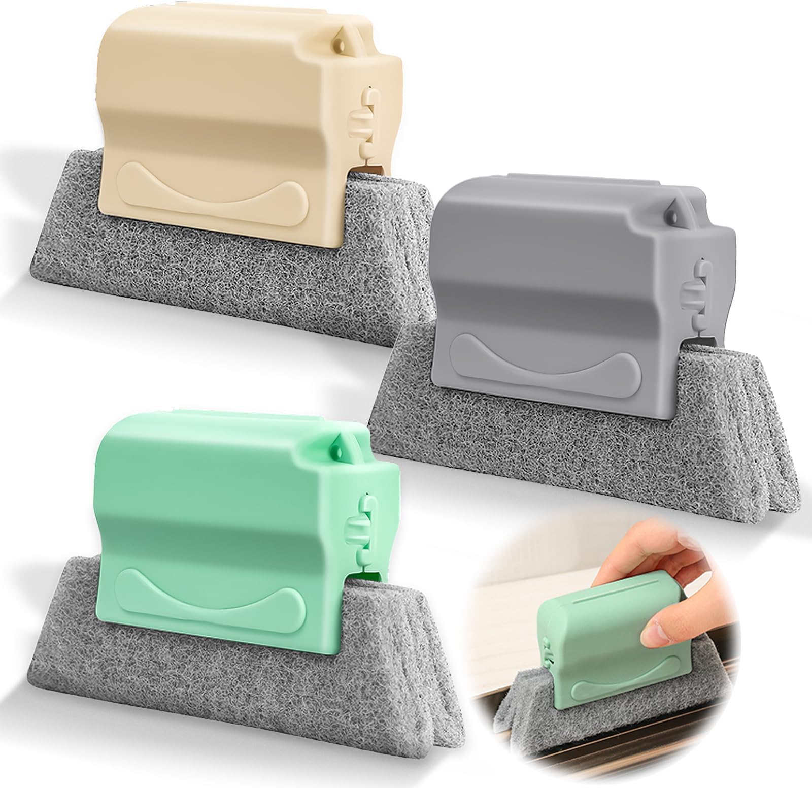 C CELAINER 3 Pcs Window Groove Cleaning Brush, Window Cleaner Tool, Magic Window Cleaning Brush, Quickly Clean All Window Slides and Gaps, Sliding Door, Shutter, Air Conditioner (Gray+Beige+Green)