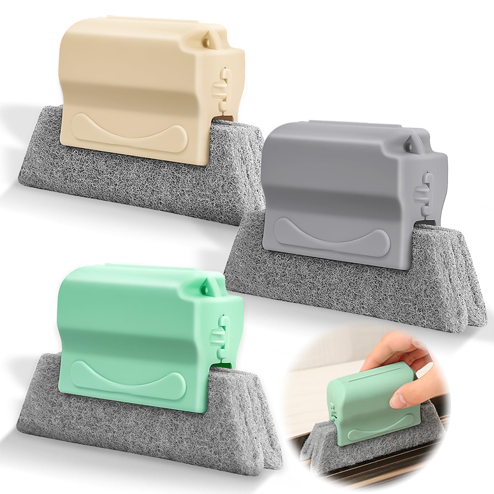 C CELAINER 3 Pcs Window Groove Cleaning Brush, Window Cleaner Tool, Magic Window Cleaning Brush, Quickly Clean All Window Slides and Gaps, Sliding Door, Shutter, Air Conditioner (Gray+Beige+Green)