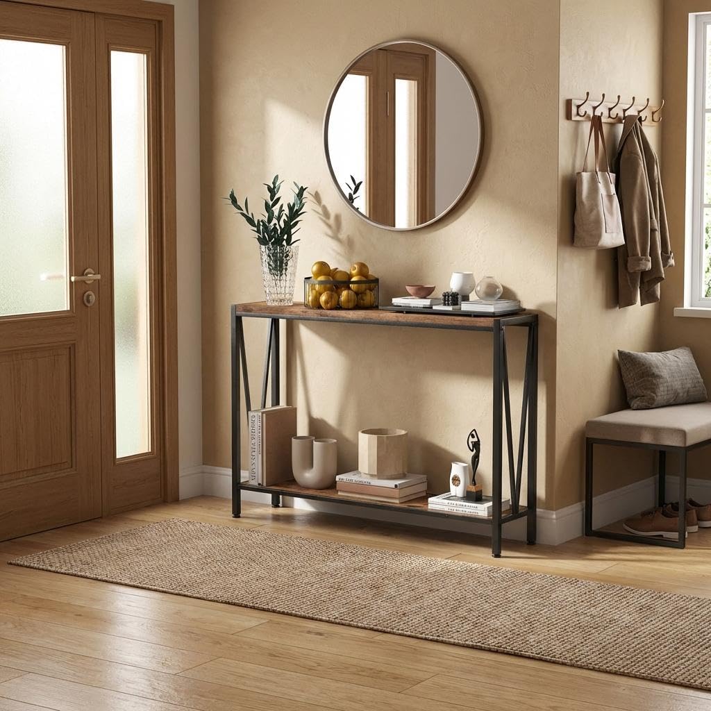 Entryway Table, 43" Narrow Console Table Behind Couch, 2-Tier Sofa Table with Storage Shelves, Industrial Hallway Foyer Table with v Design Metal Frame for Living Room, Entryway, Rustic Brown