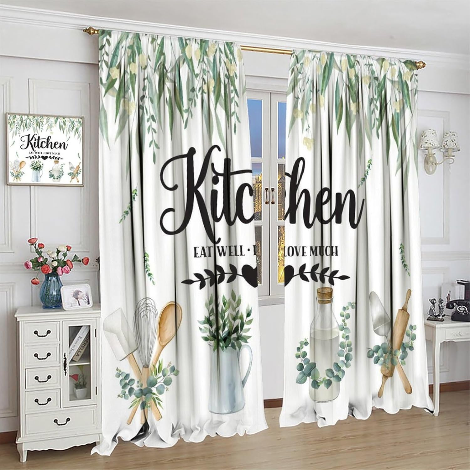 Rustic Eucalyptus Leaves Kitchen Curtains,Tableware Plants Country Wooden Board Farm Nature Blackout Rod Pocket Window Treatment for Cafe Restaurant Living Room Bedroom Home Drapes 52"W X 84"L