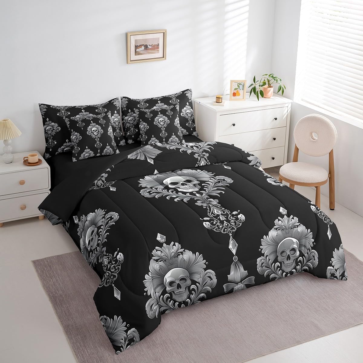 Erosebridal Adults 7 Pcs Sugar Skull Comforter Set Queen,Boho Black Damask Skeleton Bed in a Bag with Flat Sheet and Fitted Sheet,Vintage Flower Floral Bedding Set with Pillowcase and Sham Reversible