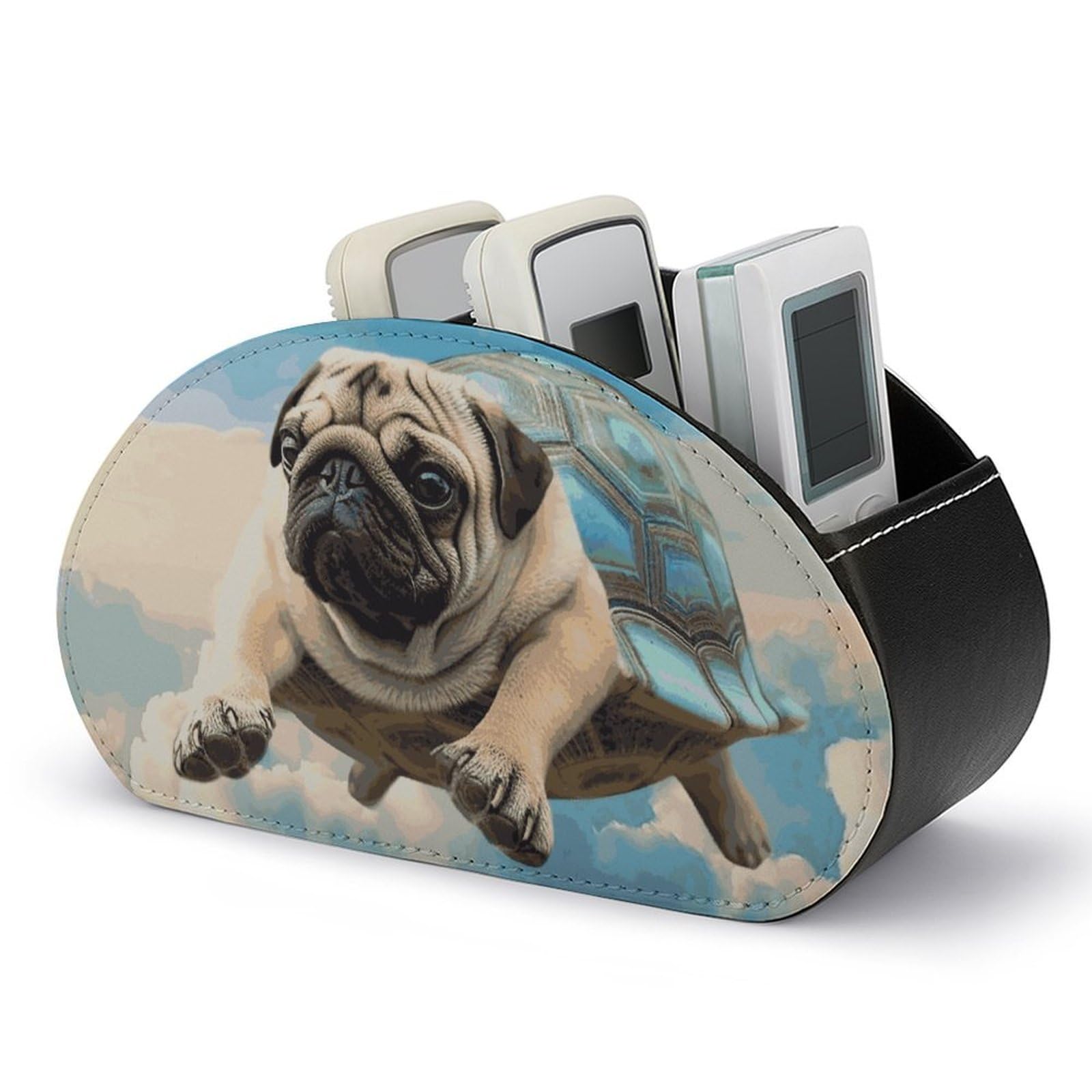 JTREHY Funny Turtle Pug Dog in The Sky Remote Control Holder with 5 Compartments Pu Leather Remote Caddy Box Multi-functional Deskt Holders Organizer Box Tray Bedside Table Storage Organizer