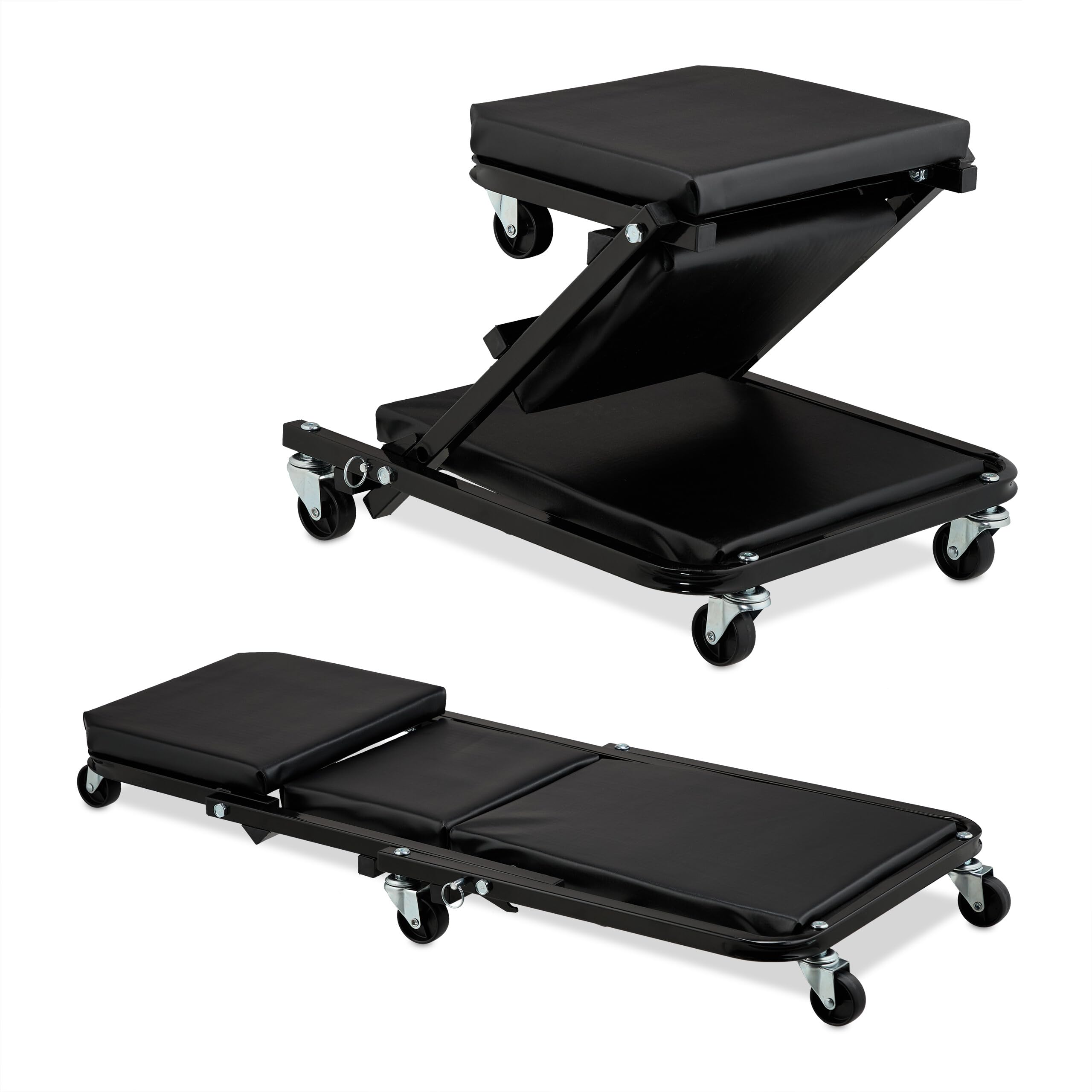 Relaxdays Camilla de Mecánico con Ruedas, Resiste 150 kg, Taburete Taller 2 en 1, Plegable, Giro 360º, para Coche, Negro