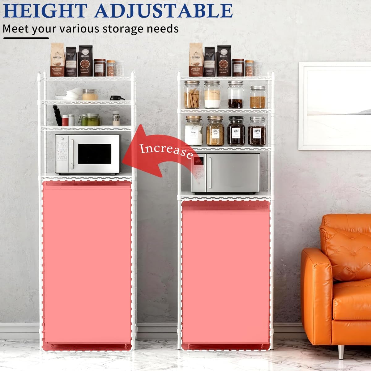 4 Tier Mini Fridge Shelf Adjustable Height Mini Fridge Stand Over Mini Fridge Storage Shelf Mini Fridge and Microwave Stand for Dorm, Kitchen, Office,77" H x 24" W x 18" D (White)