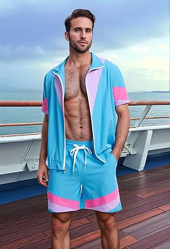 Miniatura 4 de UOUA Traje de los años 80 para hombre, disfraz de bloque de color de los años 90, conjunto de 2 piezas de chaqueta y pantalones cortos retro de