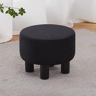Velvet Ottoman Round Footrest Stool Upholstered Step Stool Ottomans Sofa Stool 4 Wood Legs with Anti-Slip Pads Modern Accent Home Decor Suitable for Living Room Bedroom Entryway Black