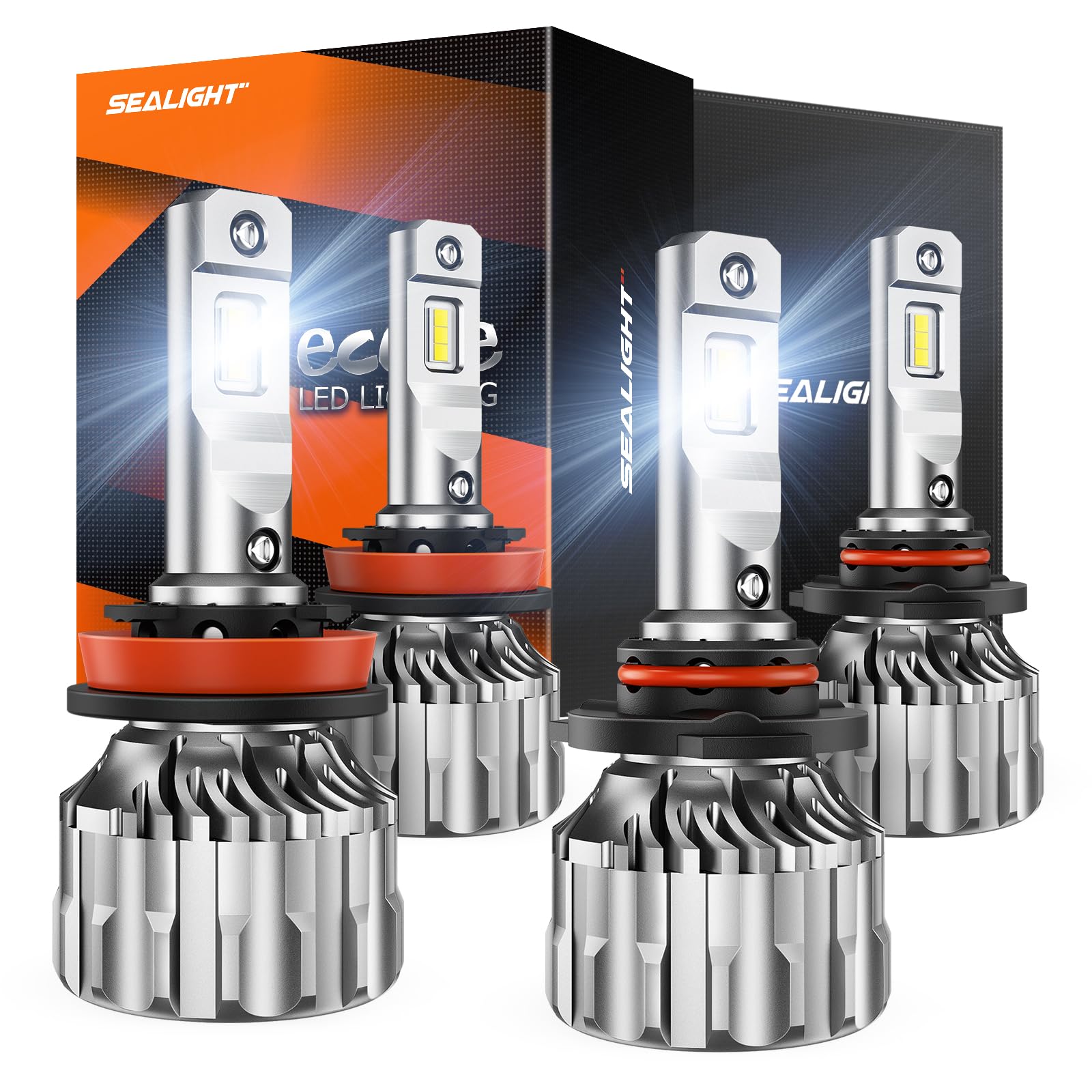 SEALIGHT H11/H9/H8 9005/HB3 Bulbs Combo, 66000LM 6500K Cool White Light Super Bright H11 9005 Fog Bulbs Combo with 15000RPM Cooling Fan, 5 Min Plug-N-Play, 9005 H11 Driving Fog Spot Light, Pack of 4
