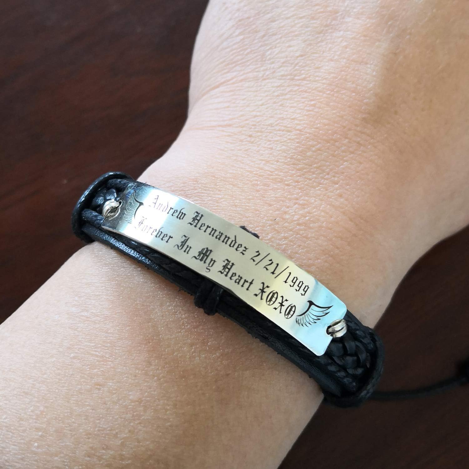 Personalized Memorial Bracelet Military for Men, In Memory of Brother, Silver Plate Black Real Leather Cuff, Sympathy Gift for Him