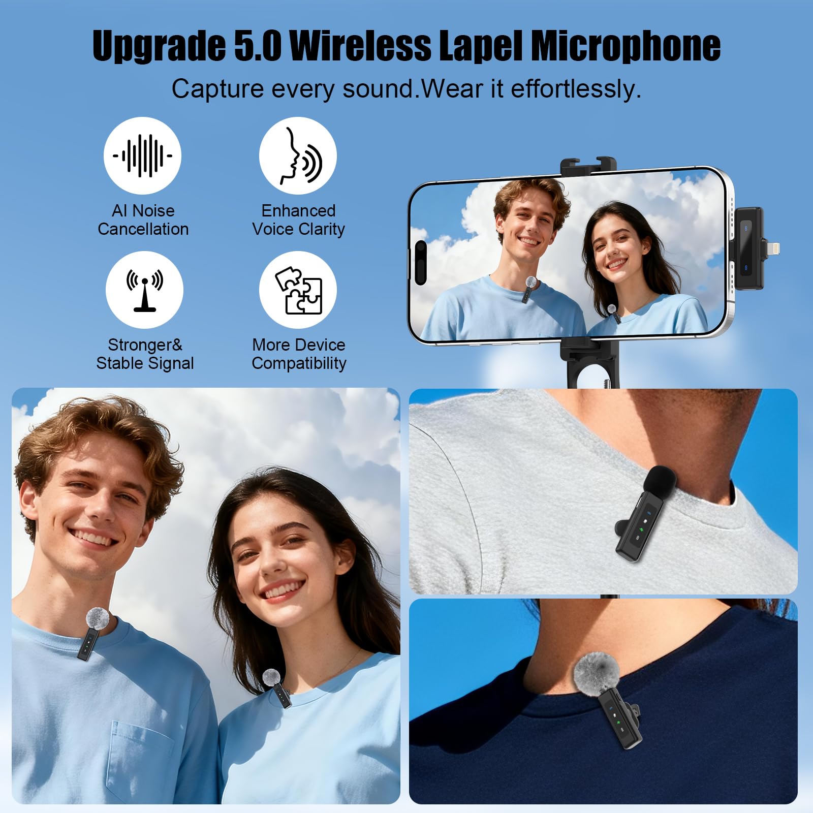 Micro cravate sans fil 3 en 1 pour iPhone/Android/appareil photo, mini microphone professionnel à clip rotatif et suppression du bruit, idéal pour Vlog, TikTok et YouTube