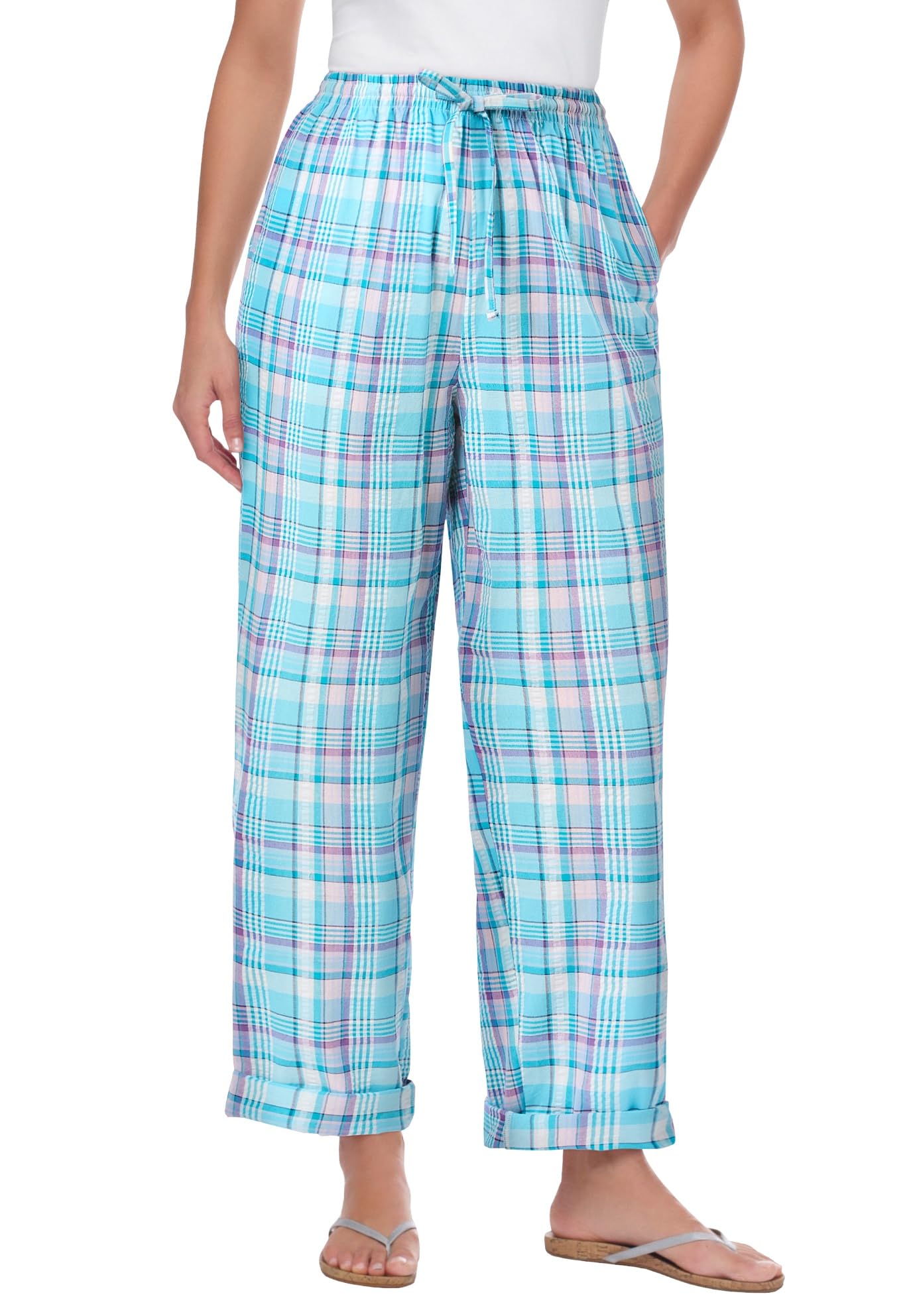 Woman Within Plus Size Petite Seersucker Pull-On Elastic-Waist Pants