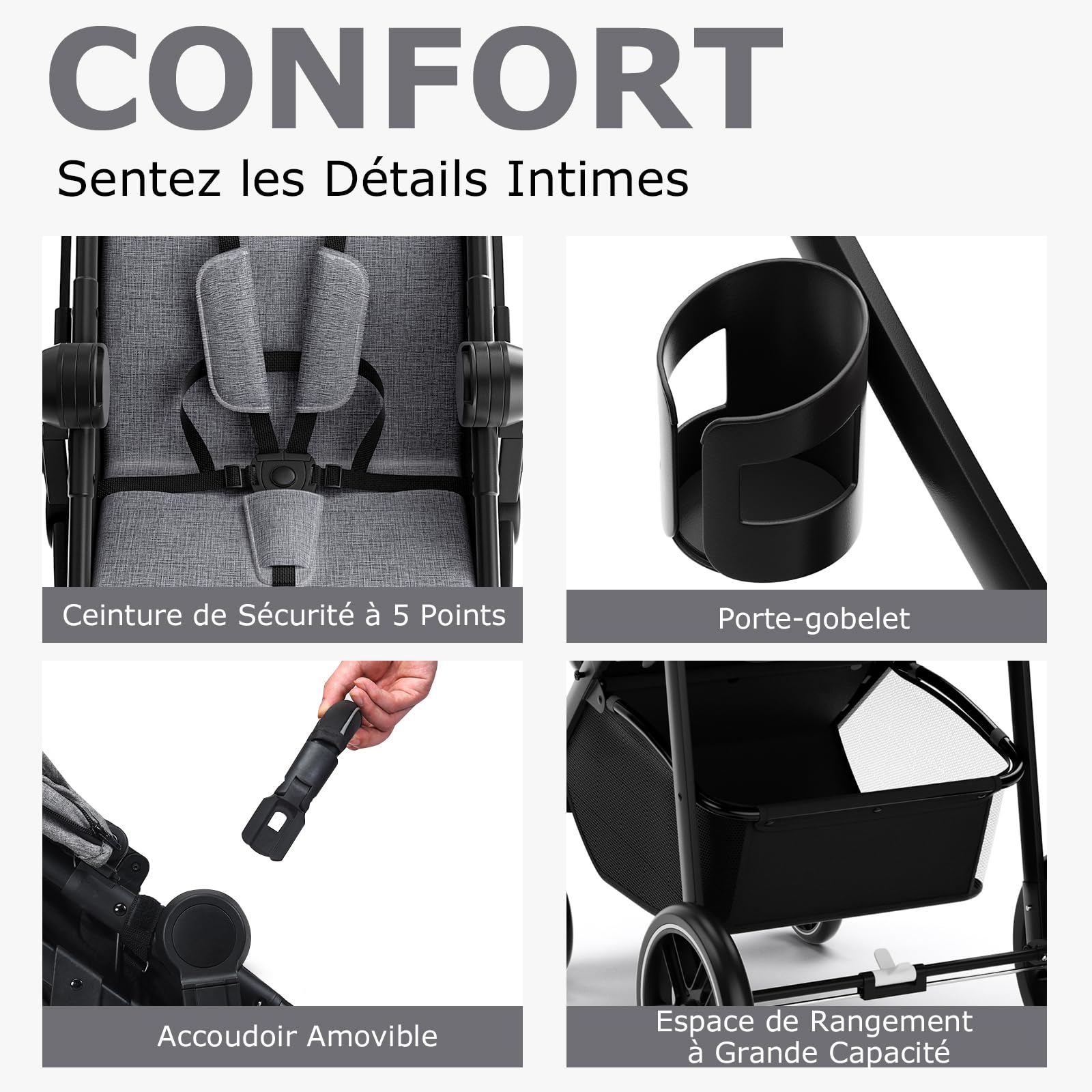 DREAMADE Poussette Légère Compact Bébé à 15 KG avec Siège Réversible&Auvent Réglable,Poussette Canne avec Panier de Rangement,Harnais de Sécurité,Landau Enfant 6-36Mois Pliant en un Clic (Gris)