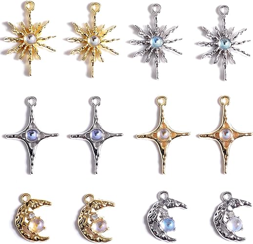 stino 60 Pieces Jewelry Celestial Charms Set, Gold & Silver Moon Star Sun Pendants with Opal Beads, DIY Jewelry Making Accessories