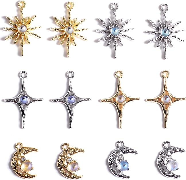 stino 60 Pieces Jewelry Celestial Charms Set, Gold & Silver Moon Star Sun Pendants with Opal Beads, DIY Jewelry Making Accessories