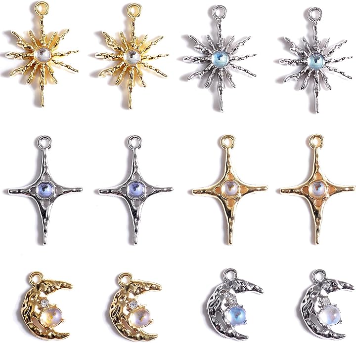 stino 60 Pieces Jewelry Celestial Charms Set, Gold & Silver Moon Star Sun Pendants with Opal Beads, DIY Jewelry Making Accessories