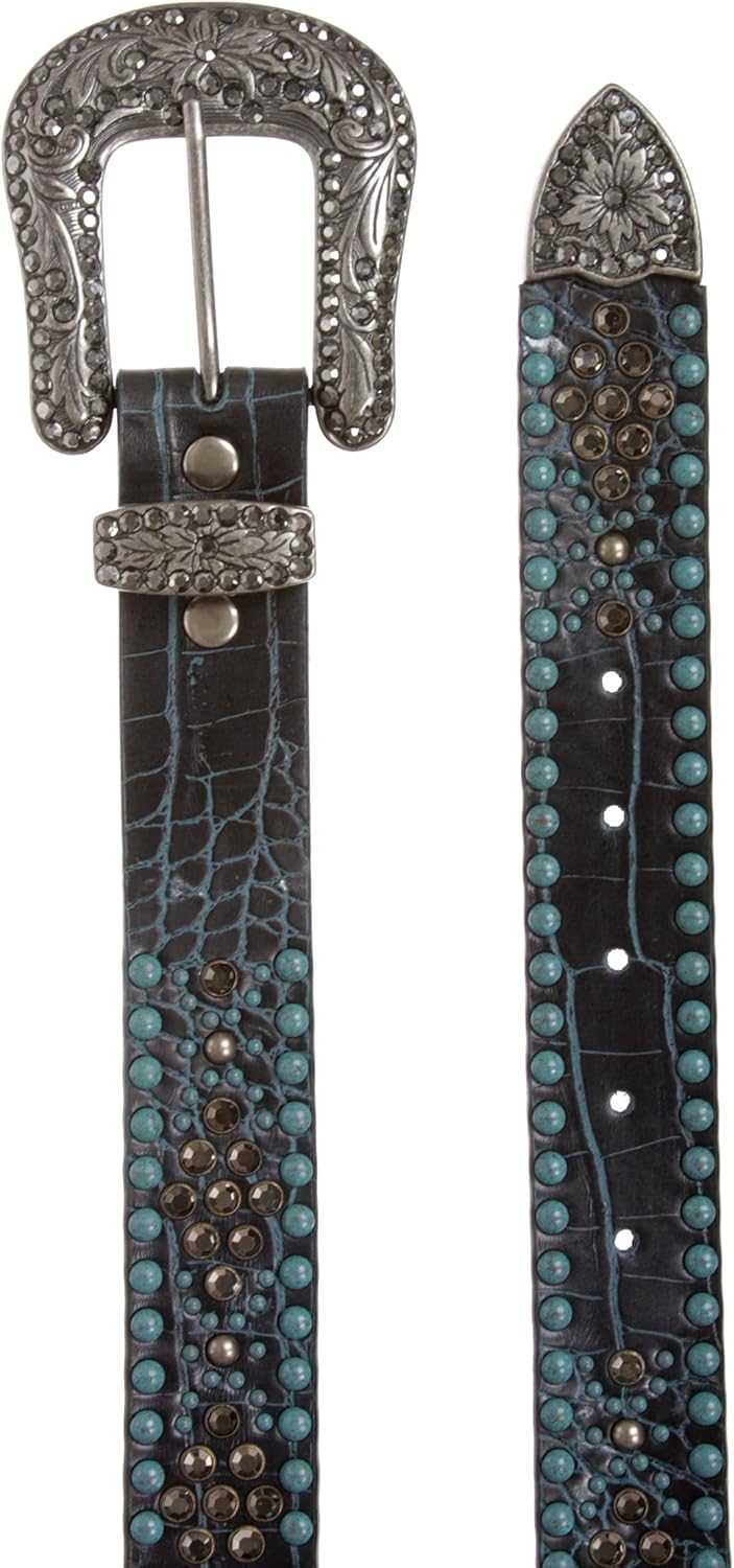 Western Croco Print Rhinestone & Turquoise Studded Leather Belt