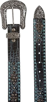美品 Turquoise Narrow Studs Belt Western Croco Print Rhinestone & Turquoise Studded Leather