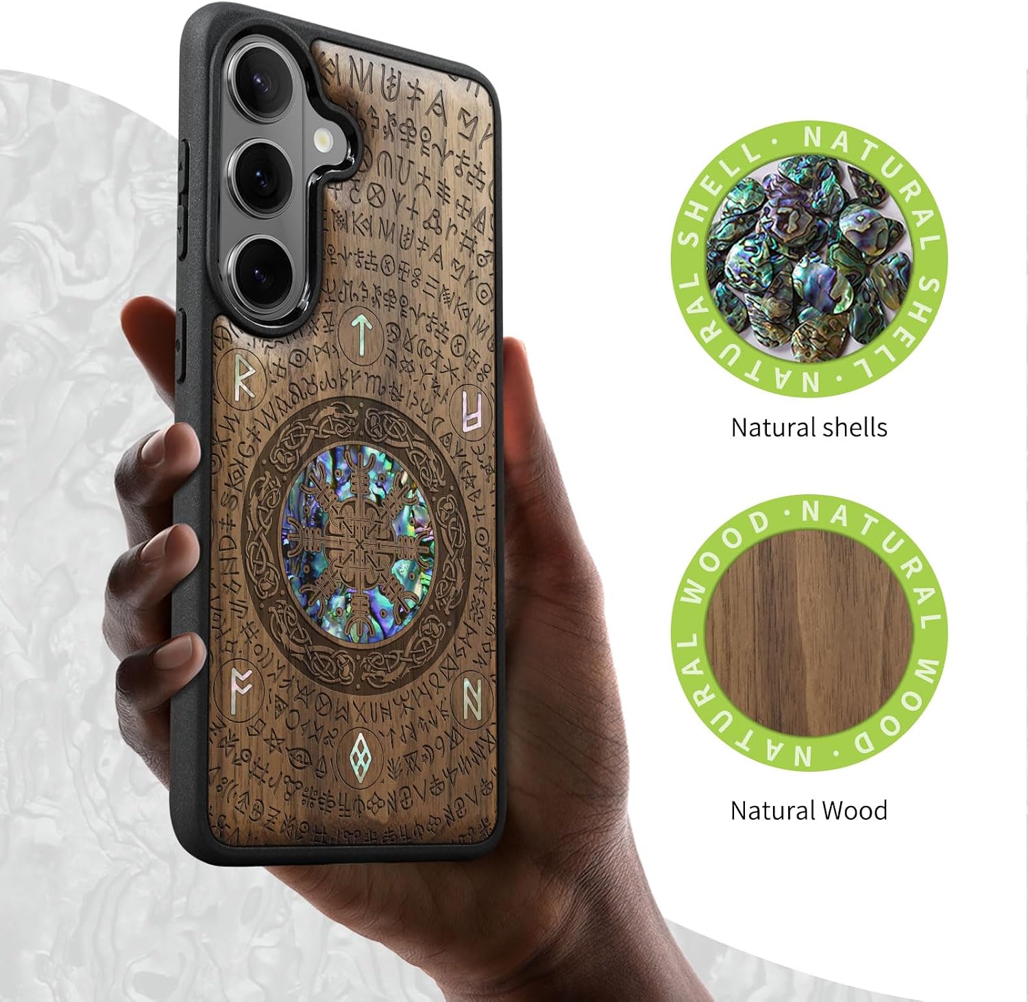 Carveit Magnetic Wooden Case for Samsung Galaxy S26 Case, Wood Artisan Engraved & Handmade Shell Inlaid, Compatible with MagSafe Wireless Chargers (Viking) Walnut