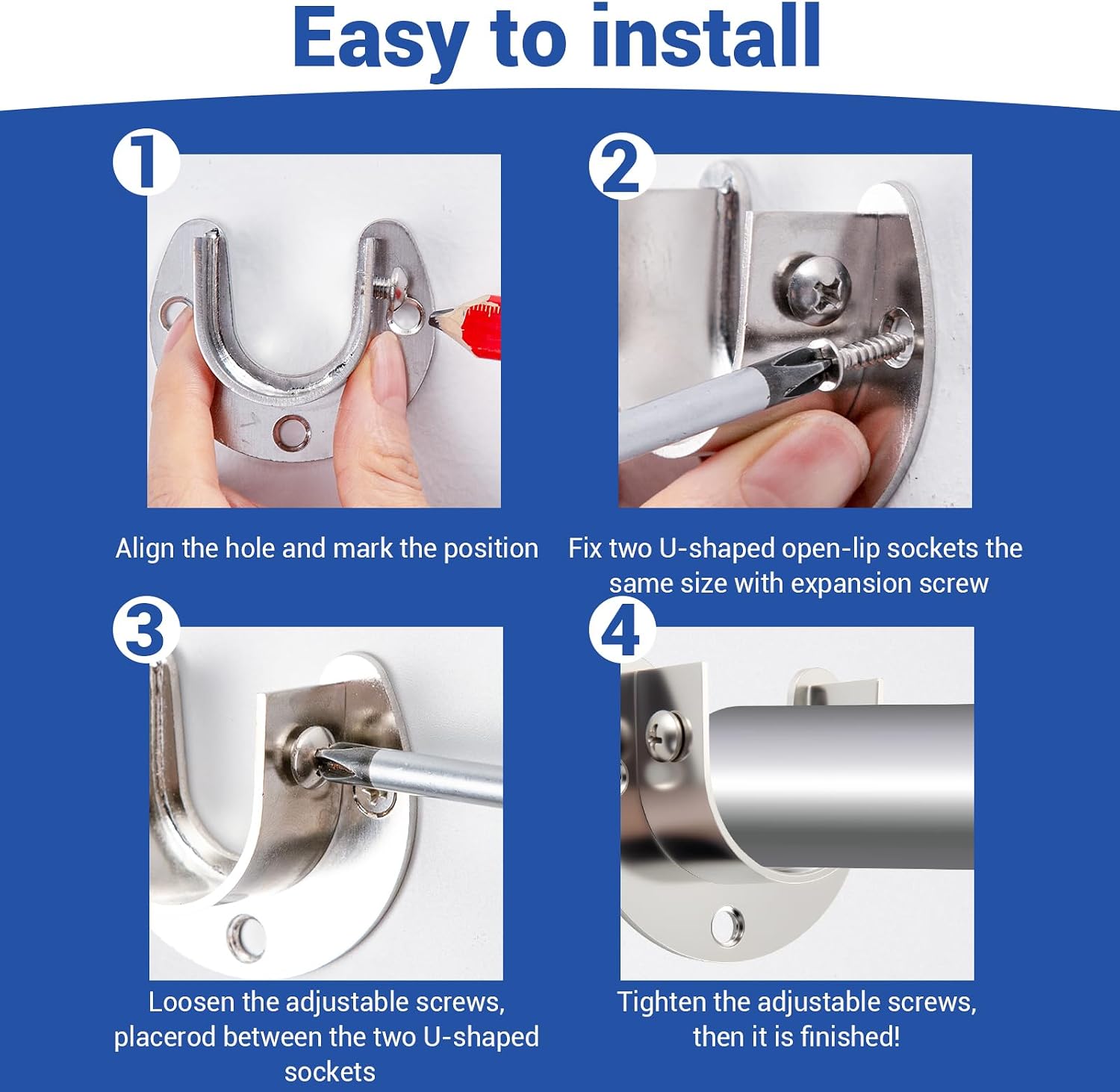HOME MASTER HARDWARE Stainless Steel Closet Rod Bracket,Closet Rod Holders, U-Shaped Open Type Socket Bracket,1-3/8 Inch Diameter Closet Rod Holder 2 Set Silver