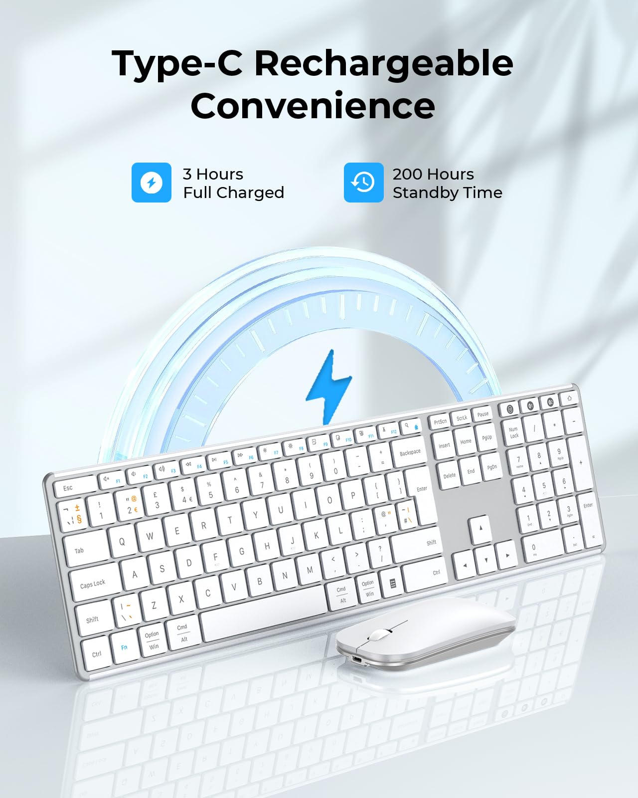 seenda SKM64-3 - Tastiera wireless Bluetooth, ricaricabile, ultra sottile, mouse e tastiera wireless per Windows, Mac OS, laptop, tablet, iPad, layout QWERTY UK, bianco e argento