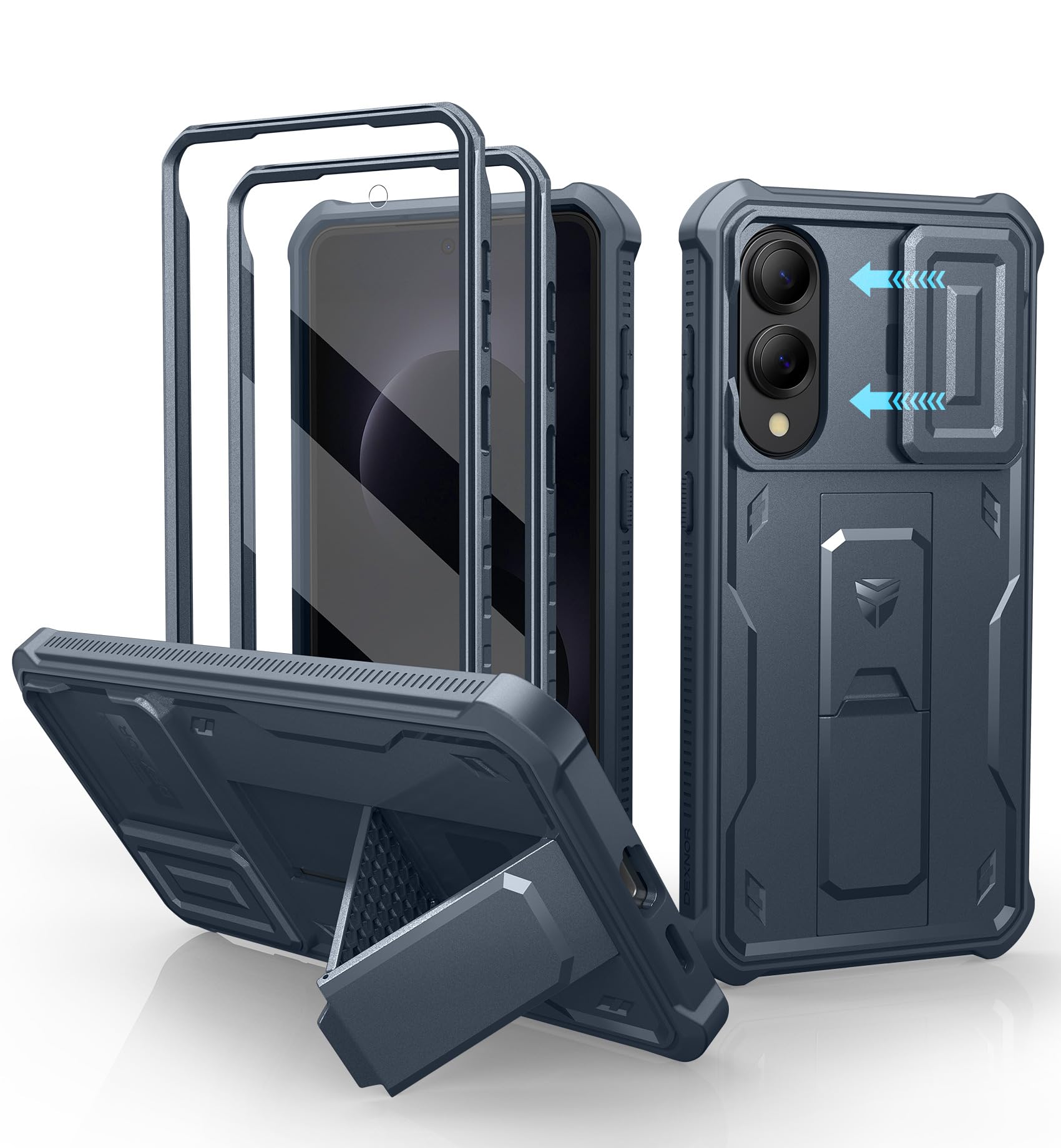 Dexnor for Samsung Galaxy S25 Edge Case with Upgraded Slide Camera Cover &amp; 2 Front Frames &amp; Built-in Screen Protector &amp; Kickstand, Heavy-Duty Rugged Case Full-Body Bumper Protective Cover,Navy Blue