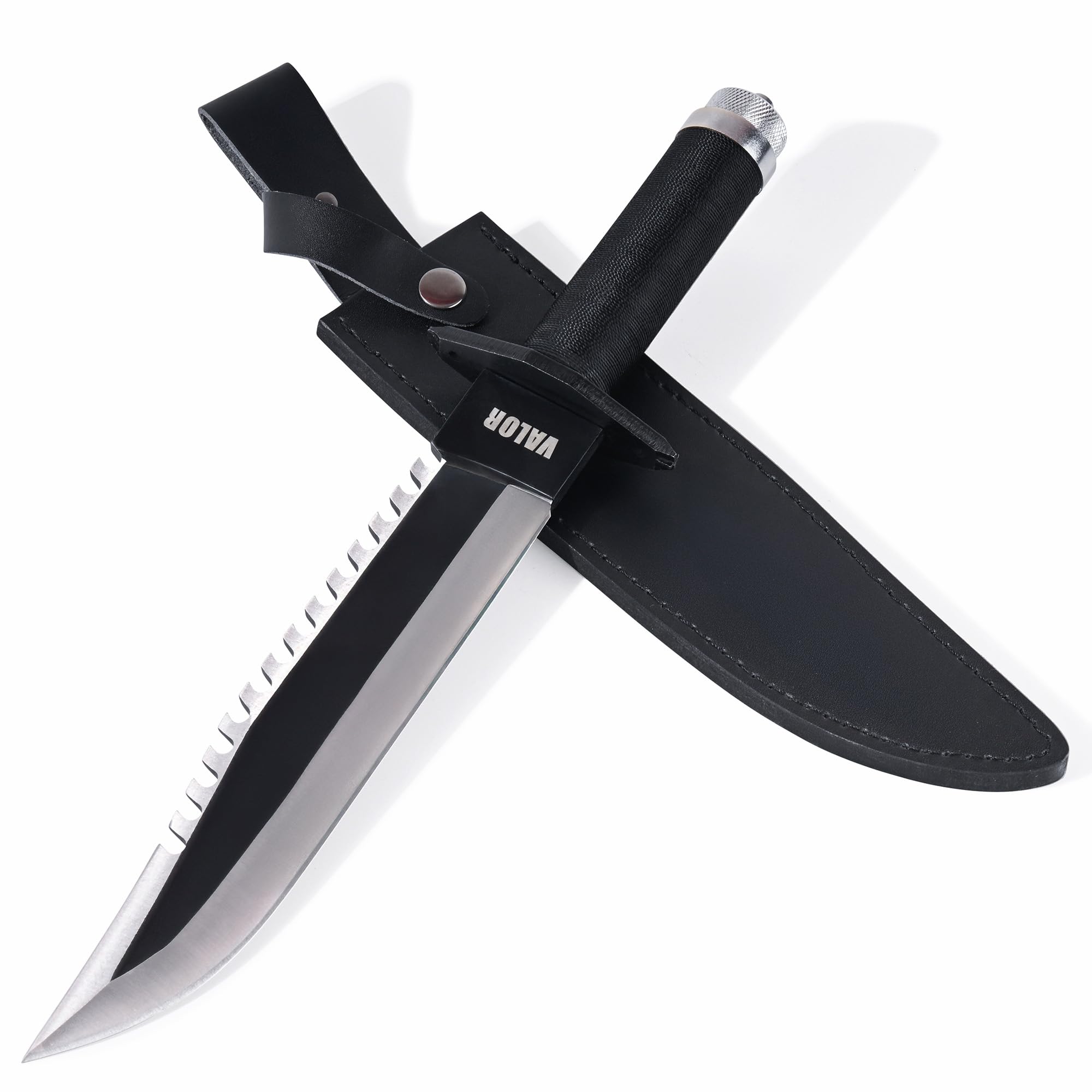 Valor Bowie Fixed Blade Knife With Sheath – 10in Steel Blade with Compass Cap and Hidden Survival Knife Storage - Full-Length 15.55in – Outdoor Utility Tool for the Bush, Camping & Hunting