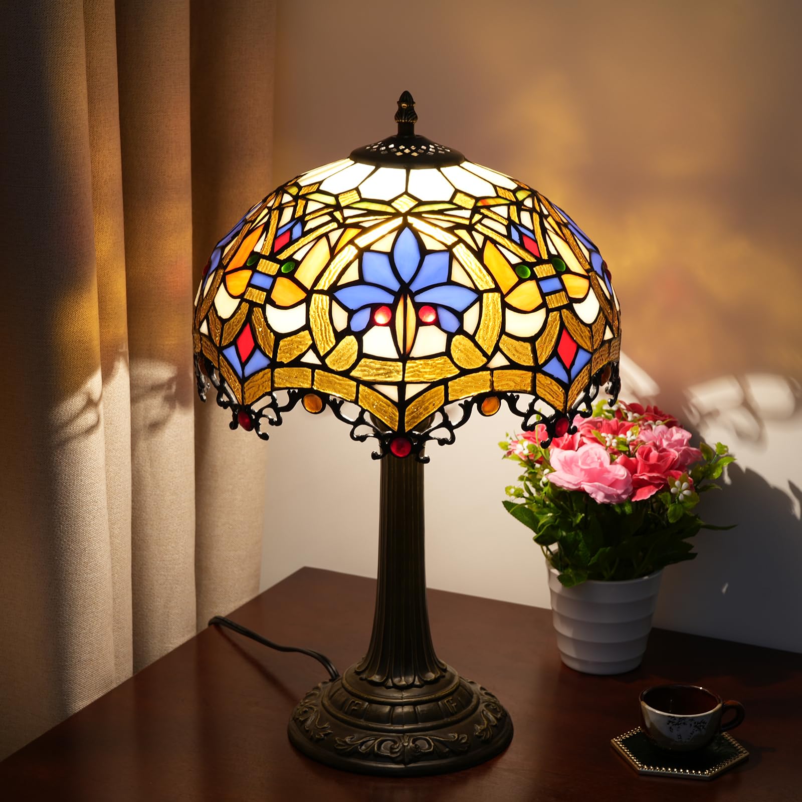 Lampa Tiffany witrażowa lampa stołowa antyczna lampa biurkowa na stolik nocny sypialnia salon dom biuro unikalny uroczy akcent oświetlenie dekoracyjne zawiera żarówkę LED
