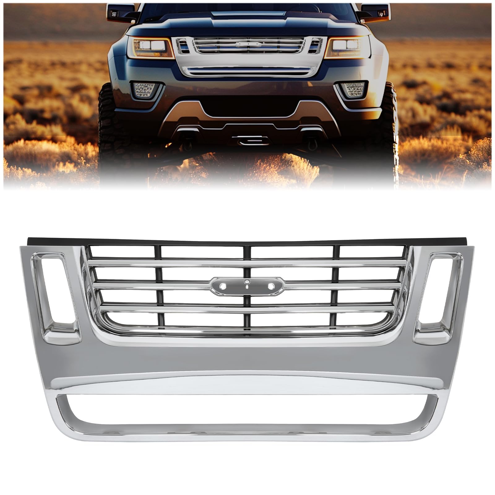 HECASA Front Grill Compatible with 2006-2010 Ford Explorer 2007-2010 Sport Trac Replacement for FO1200476 Bumper Grille Assembly Radiator Grille W/Side Openings 3-Bar Style Chrome Painted