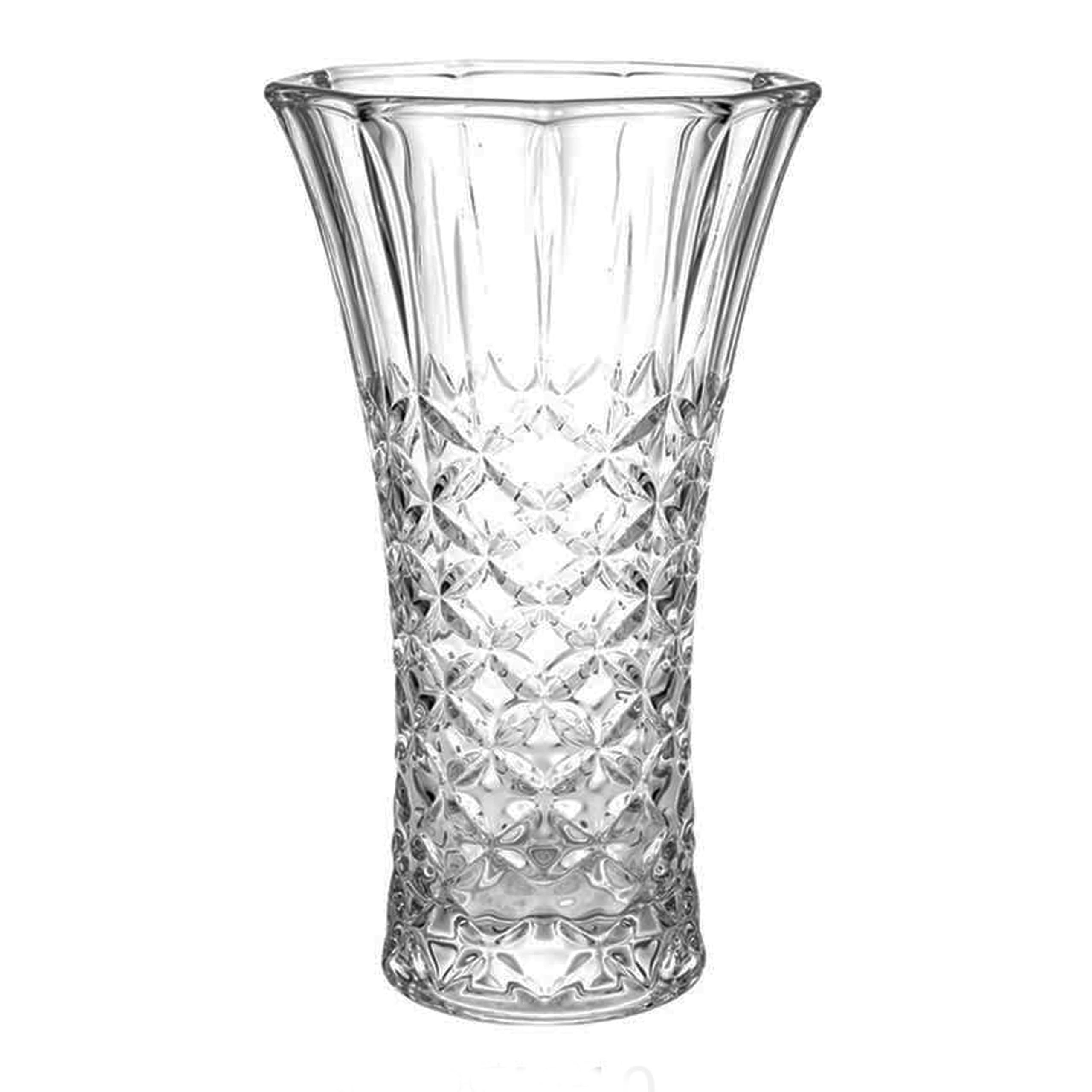 Crystal Glass Flower Vase, Diamond Cut Pattern, Clear