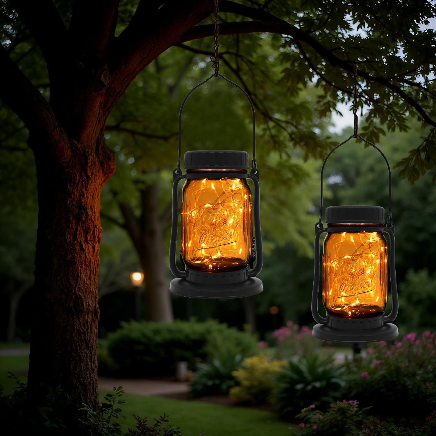 Solar Mason Jar Lantern Outdoor Waterproof, Hanging Solar Lantern Lights for Outside, Fairy Glass Decorative Lantern for Yard Patio Garden Porch Table Wedding, 2 Pack