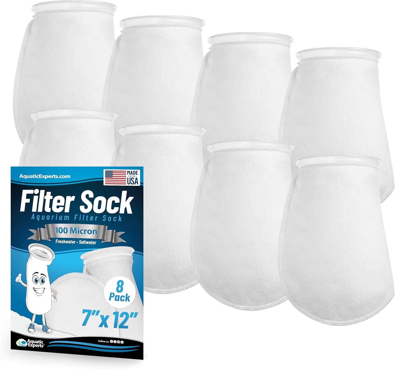 Aquatic Experts 7 Inch Filter Sock - 100 Micron Felt Filter Sock, Filter Socks for Saltwater Aquarium, Fish Tank Sump Filter Sock, Freshwater Aquarium Socks, Reef Filter Sock, (7"x12", 8 Pack)