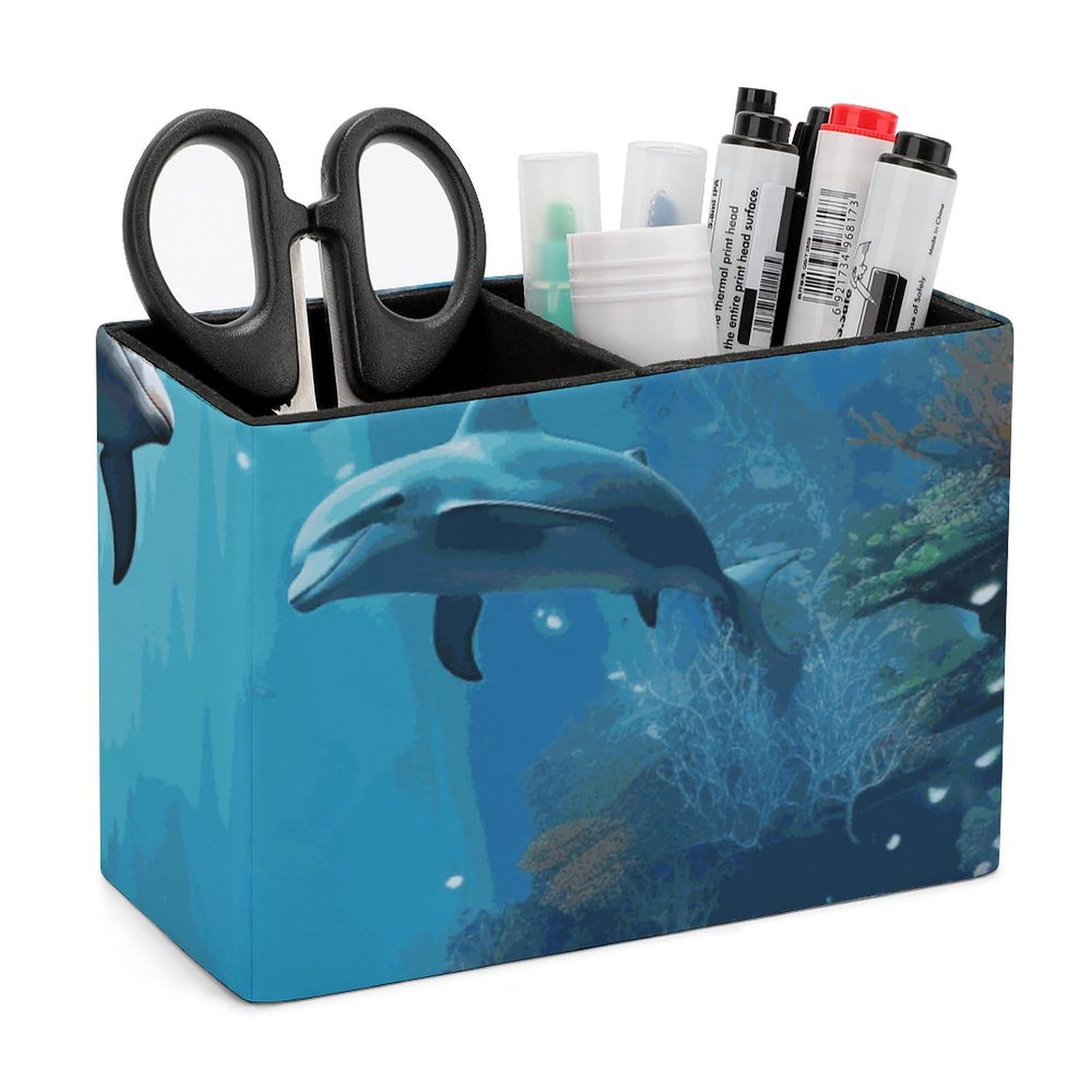Porte-stylo en cuir Blue Ocean : pot à crayons luxe au motif poisson pour bureau élégant
