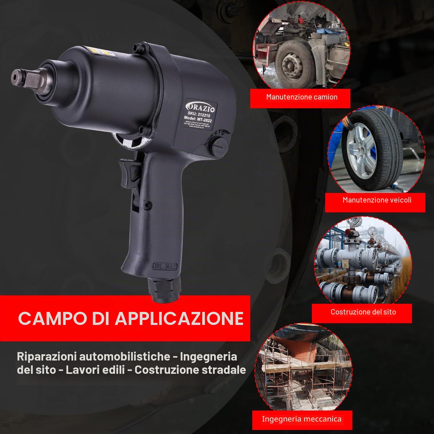 ORAZIO Set di Avvitatore a Impulsi Pneumatico 1/2" 720 NM Twin Hammer con 8 Bussole 12-24mm Professionale Chiave a Percussione ad Aria Svita e Avvita per Ruote Auto Furgoni Moto