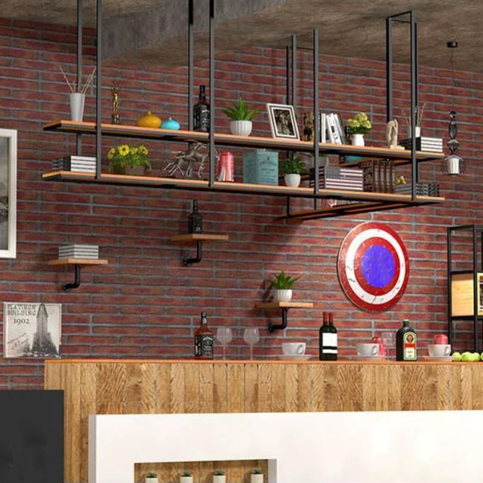 Étagère de plafond à 2 niveaux suspendue pour rangement cuisine et bar industriel