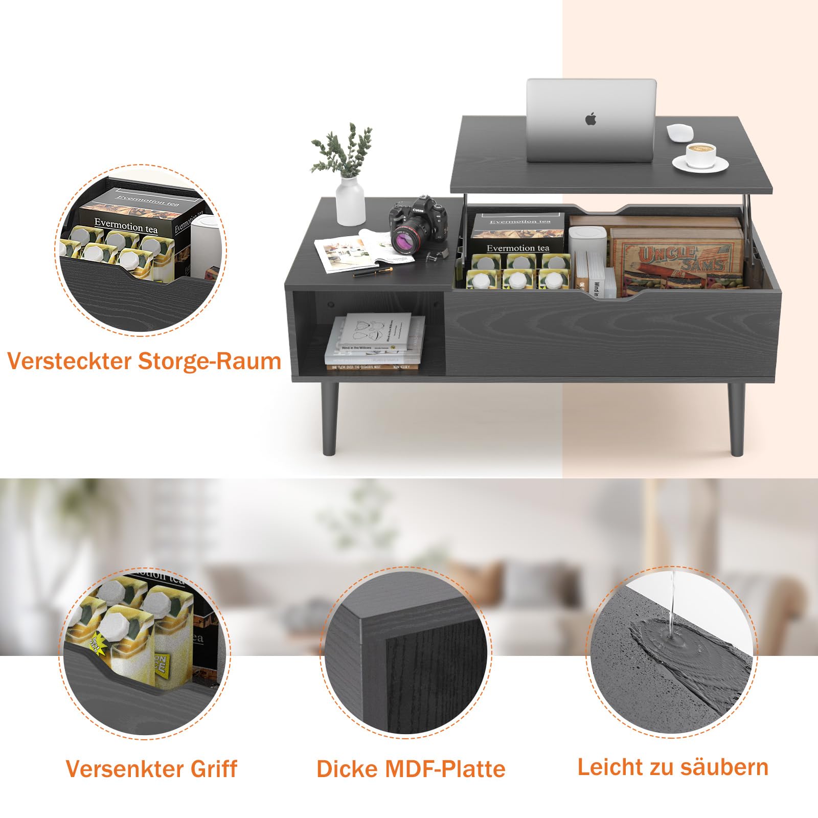 Sweetcrispy Couchtisch Höhenverstellbar, Tisch Wohnzimmertisch, offener und versteckter Stauraum Couchtisch, Sofatisch Beistelltisch, 100 x 50 cm Sofatisch aus Holz für Wohnzimmer, Schwarz
